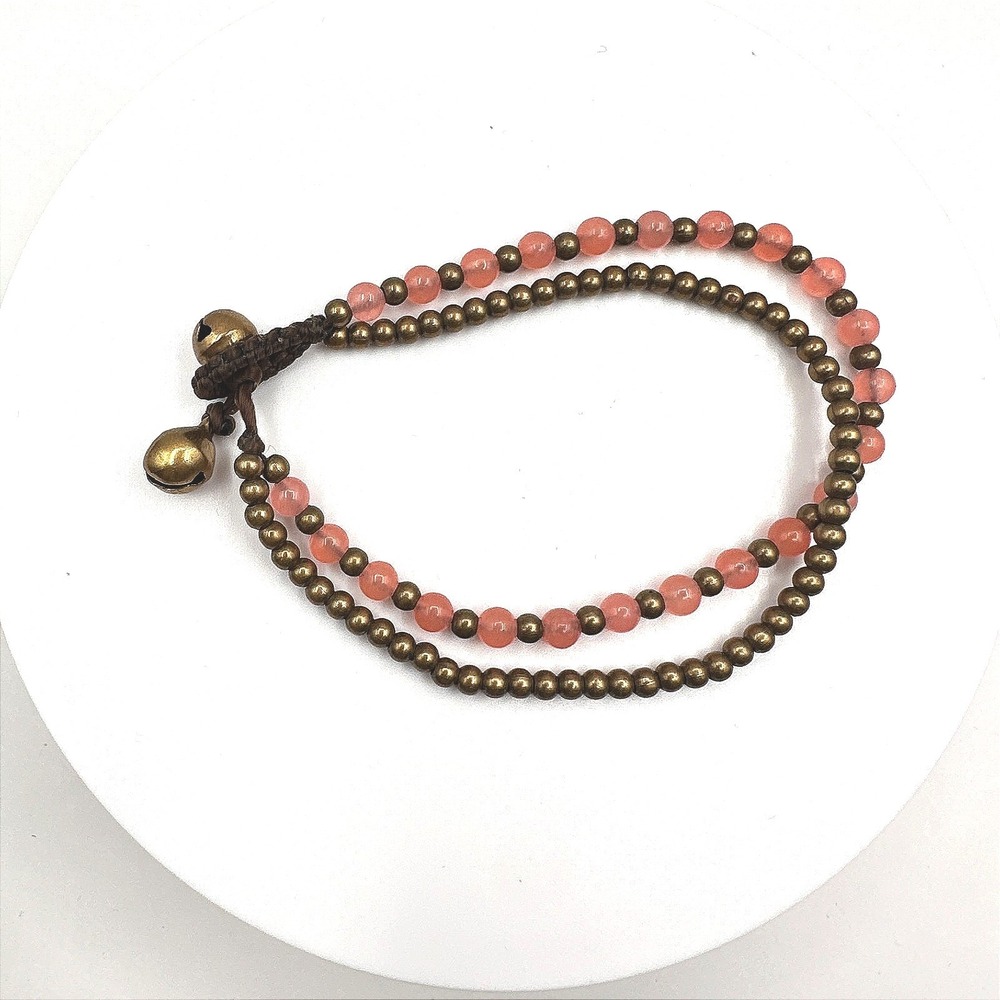 Vintage 90s Pink Quartz Stone Brass Bead Double Layer‎ Bracelet Pendent Bells